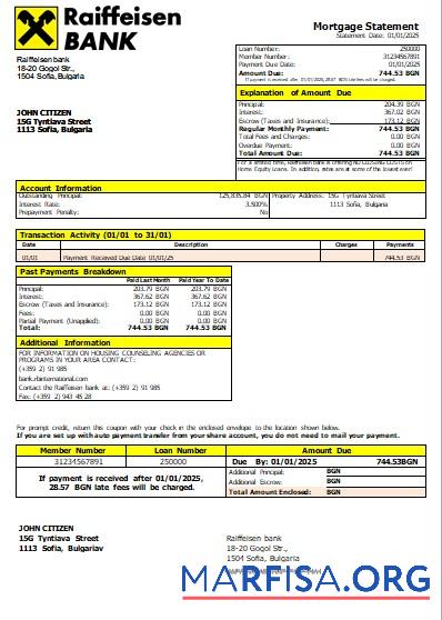 Realistic Bulgaria Raiffeisen bank mortgage statement scr example